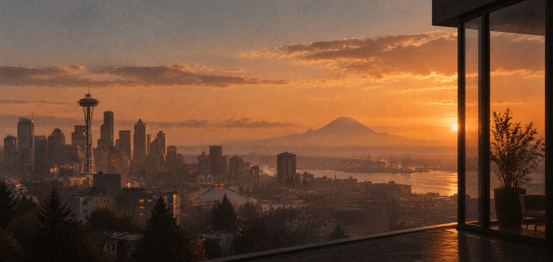 Seattle at sunrise, seen from a window